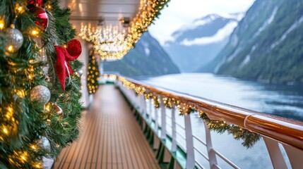 Lights and ornaments decorate a cruise ship at night for Christmas