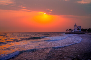 A aesthetic view of Island Mosque Jeddah, in a sunset over the sea