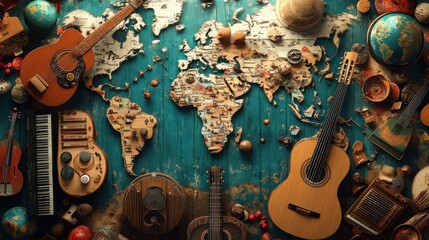 A world map surrounded by musical instruments, travel accessories, and globes on a blue wooden surface.