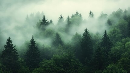 Fog rolling over a dense forest in the early morning