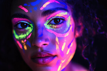 Beautiful woman posing with fluorescent neon paint makeup for party