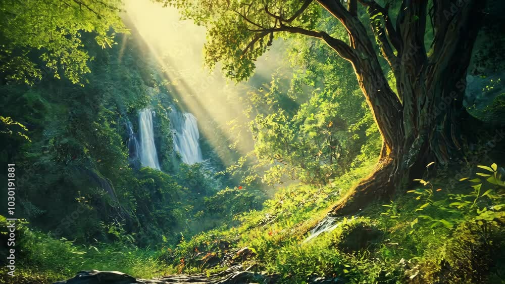 Poster sunlight streams through the leaves of a large tree in a lush forest, revealing a cascading waterfal