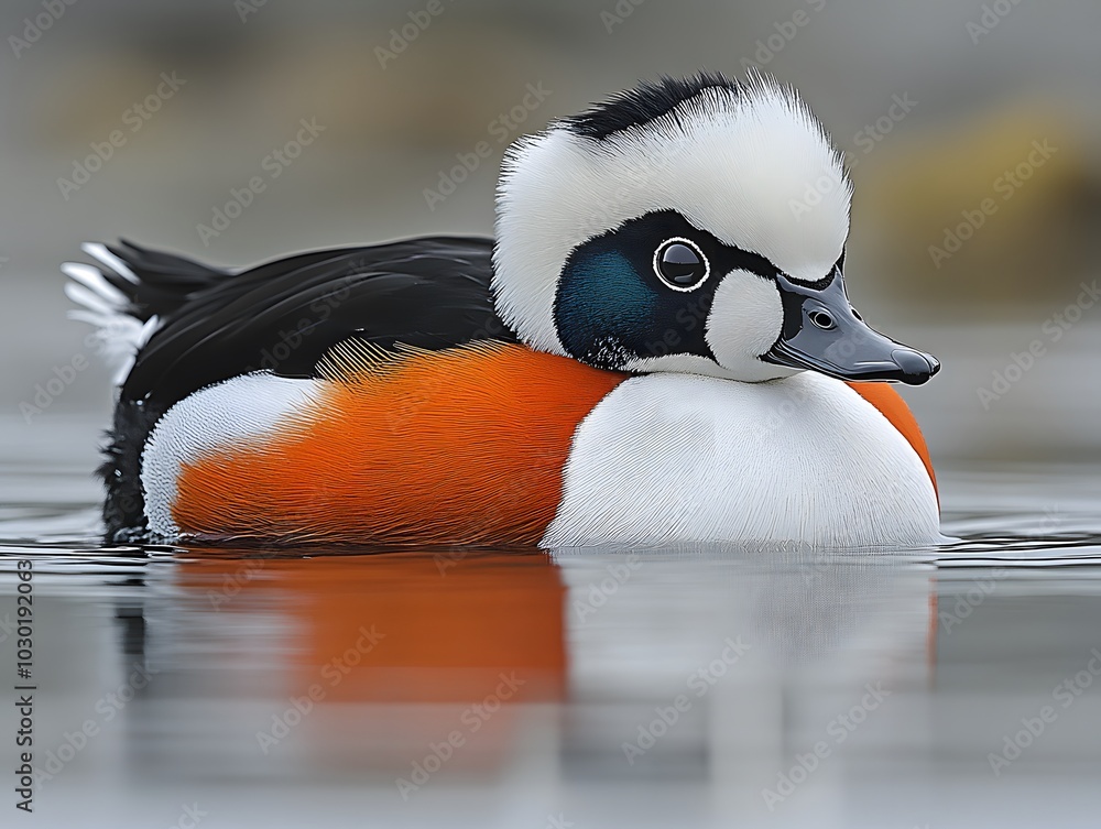 Poster a colorful duck with distinctive markings floating on water.