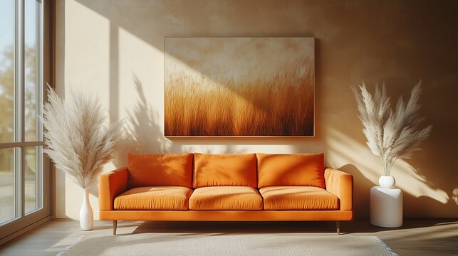 A photo of an orange sofa in front of the wall, minimal interior design style, vray tracing, beige and amber tones