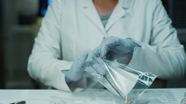 Female forensic scientist in white coat and gloves removing ring with tweezers from evidence bag and studying it through lighted magnifying glass while sitting at workplace in crime lab