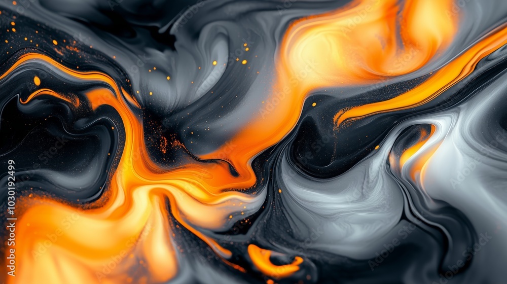 Poster abstract background with swirling liquid shapes in orange, black and grey colors, creating an artist