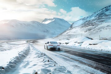 Car driving on snow covered mountain road