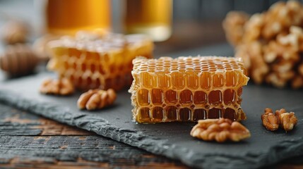 Delicious honeycomb and walnuts served on a slate plate with honey jars in the background