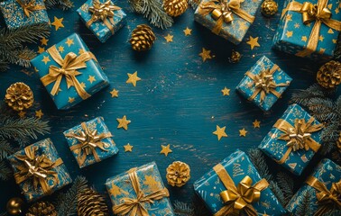 Decorative background with festive decorations, blue and gold gifts, and pine branches