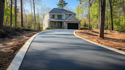 Naklejka premium Newly paved asphalt driveway leading to a beautiful home