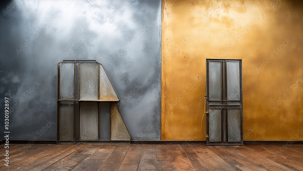 Canvas Prints Two metal doors stand against a gray and gold wall in a modern home.