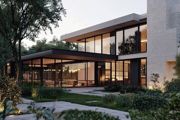 Fototapeta premium A modern house with glass and white brick, featuring minimalist architecture, captured in the evening light