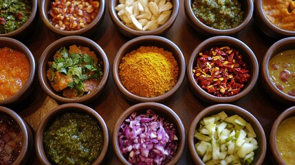 An array of Indian pickles and chutneys in small bowls, with spices like mustard seeds and red chili powder visible
