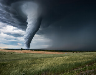 Large and powerful tornado is forming and approaching farm houses in the countryside, bringing with it the threat of destruction