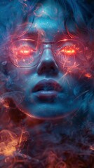 Mystical Portrait: Woman with Red Eyes and Smoke