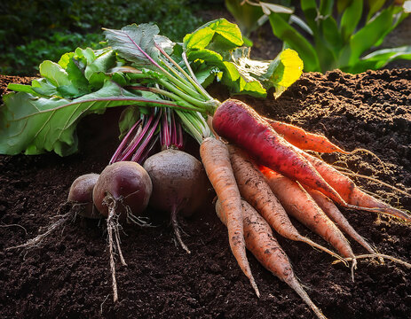 Freshly picked carrots and beets with soil in a garden, ready for harvest. Vibrant colors shine in the sunlight, showcasing their natural beauty. Bountiful produce symbolizes autumn's bounty