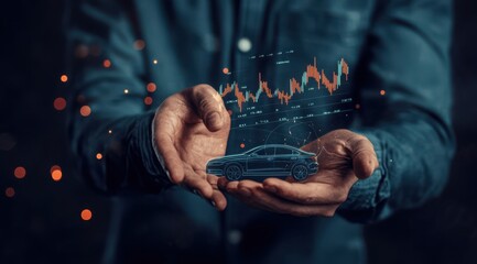 A person holding a virtual car model with financial data projections in a dark environment illuminated by soft lights