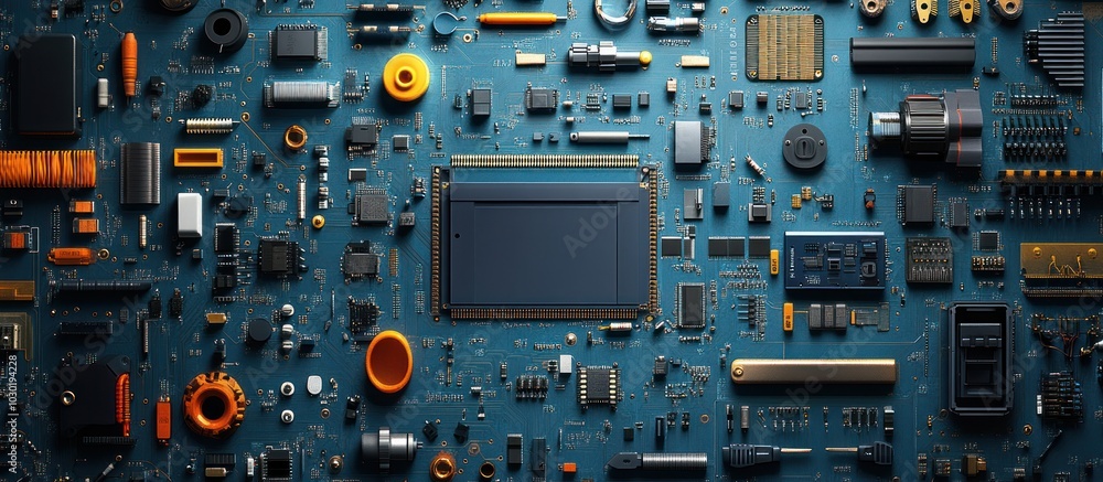 Poster close up of a circuit board with a variety of electronic components.