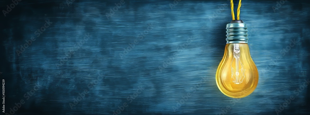 Poster an innovative and great idea - a light bulb on a blue horizontal background with a space for individ