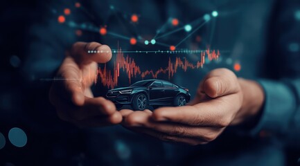 A person holds a miniature car above a digital financial chart demonstrating automotive industry trends and innovations at night