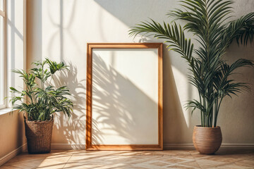 Cadre blanc vide en bois pos&eacute; contre un mur blanc