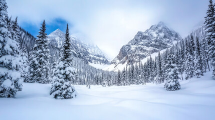 Fototapeta premium A serene winter landscape featuring heavy snowfall blanketing majestic mountains and evergreen trees, creating tranquil and picturesque scene.