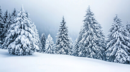 Fototapeta premium Snow covered trees create serene winter landscape, evoking sense of tranquility and beauty.