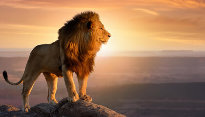 Majestic lion with a flowing mane is standing on a rock, surveying the savanna at sunset