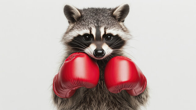 Raccoon wearing boxing gloves posing for portrait on white background