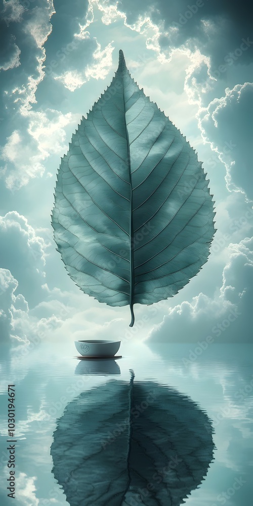 Poster A single leaf floats serenely against a backdrop of soft clouds, creating a sense of peace and tranquility.