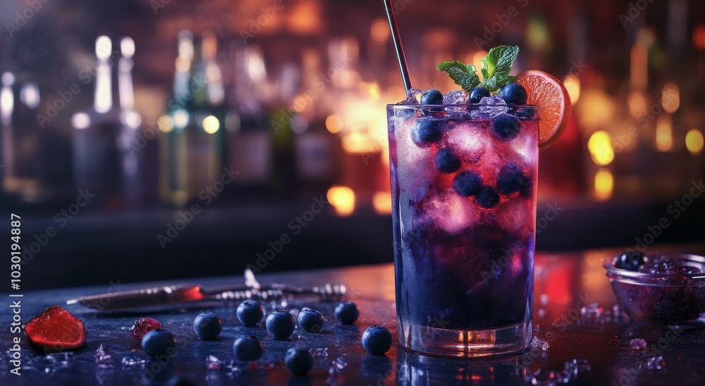 Wall mural Vibrant cocktail with blueberries and mint served in a tall glass at a lively bar during the evening