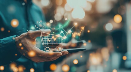 A person holding a smartphone in one hand and a shopping cart graphic with upward trends in the other, representing online shopping growth