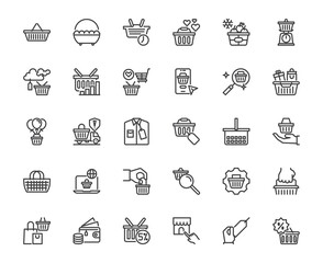 Simple vector outline icon set of shopping basket and related things, super market or shopping and sale concept, 48x48 pixel perfect of each icon, editable stroke for web, app, media, ux,ui design