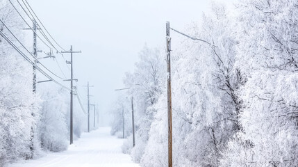A serene winter landscape featuring trees and power lines covered in thick layer of snow, creating tranquil and frosty atmosphere.