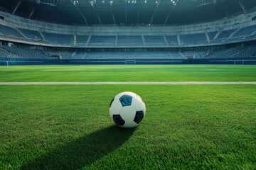 A single soccer ball rests on a lush green field within an empty stadium. The scene captures the essence of sport, inviting anticipation for the next game.