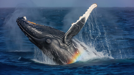 Fototapeta premium AweInspiring Humpback Whale Breaching with Sunlit Rainbows Over Deep Blue Ocean