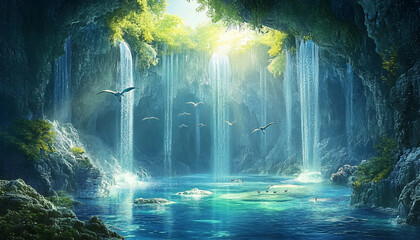 Fototapeta premium A massive cave suspended high in the atmosphere, filled with floating pools of crystal-clear water