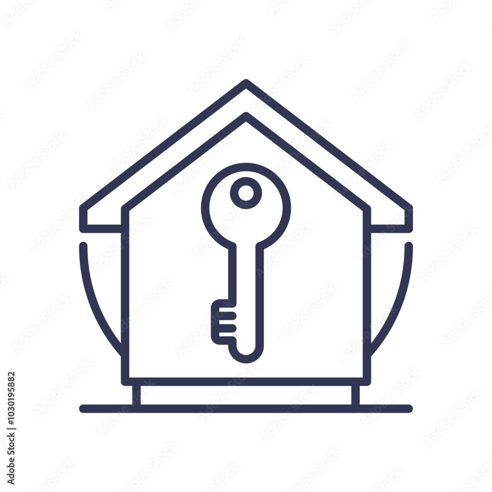 Poster house with key symbolizing property access and ownership.