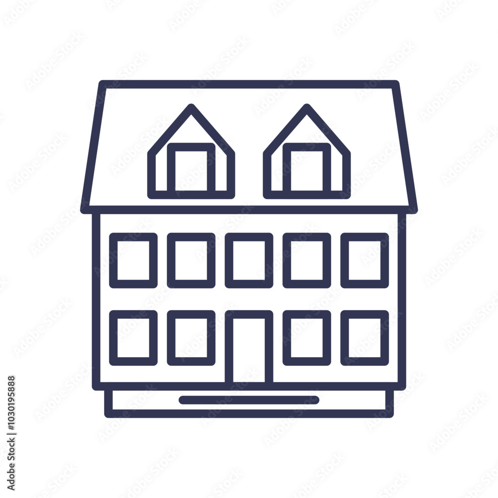 Poster outline of a small multifamily building with multiple windows and a central door.