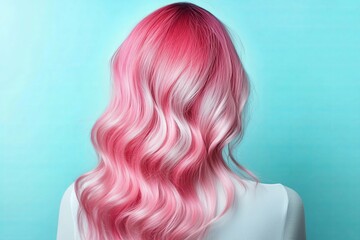 Naklejka premium Stylish pink hair flowing over shoulders, set against a pastel blue background, showcasing modern hair color trends.