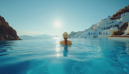 Experience tranquility by the infinity pool in Santorini, capturing the essence of summer with stunning views, beautiful architecture, and serene waters.