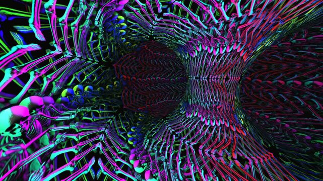 Seamless animation of a tunnel of dancing skeletons with abstract echo effect. Funny halloween background with neon  glow effect