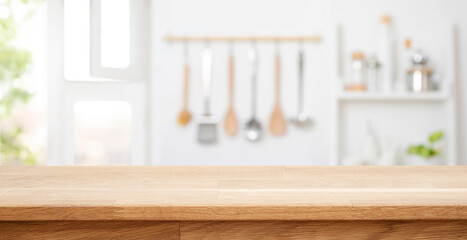 Kitchen table surface for product montage with blur utensils wall and window background