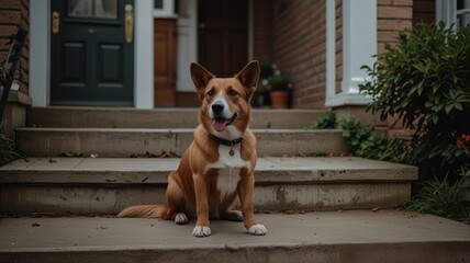 A brown and white dog sits on the steps of a home, looking at the camera with a happy expression.