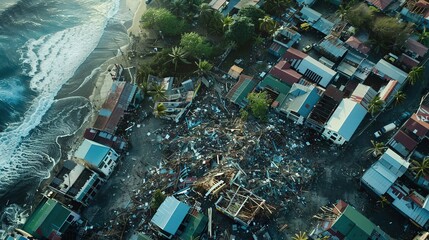 Aerial Vista of a Hurricane-Ravaged Coastal Town: Uprooted Trees, Collapsed Structures, and Widespread Debris Amidst Turbulent Ocean Waves