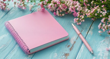 Fototapeta premium A pink notebook and pen surrounded by blooming flowers on a wooden table in springtime