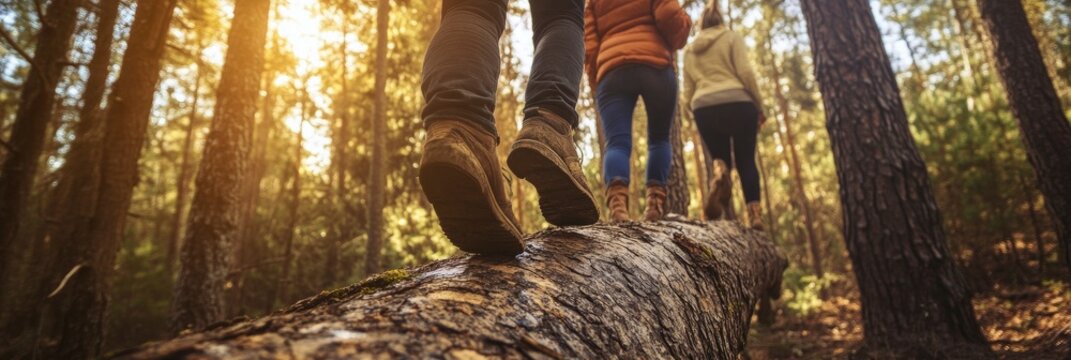 Friends strolling in a woodland while balancing on tree trunks - Powered by Adobe