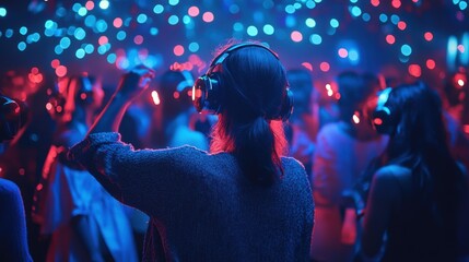 Experience the vibrant atmosphere of a silent disco event where people dance joyfully under colorful lights, wearing headphones and enjoying music in a unique way.