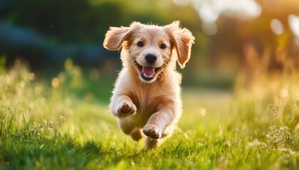 A joyful puppy runs through a lush green field, capturing the essence of playfulness and freedom in a warm, sunny environment. Perfect for animal lovers!