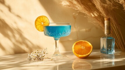A bright blue cocktail in a vintage glass garnished with an orange slice, surrounded by dried flowers and soft sunlight.